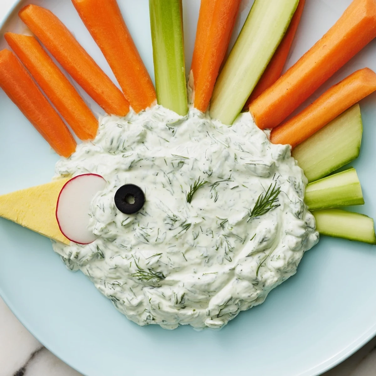 Ocean Blue Fish-Shaped Dip Tray, a whimsical appetizer with colorful vegetables and creamy dips ready to serve.