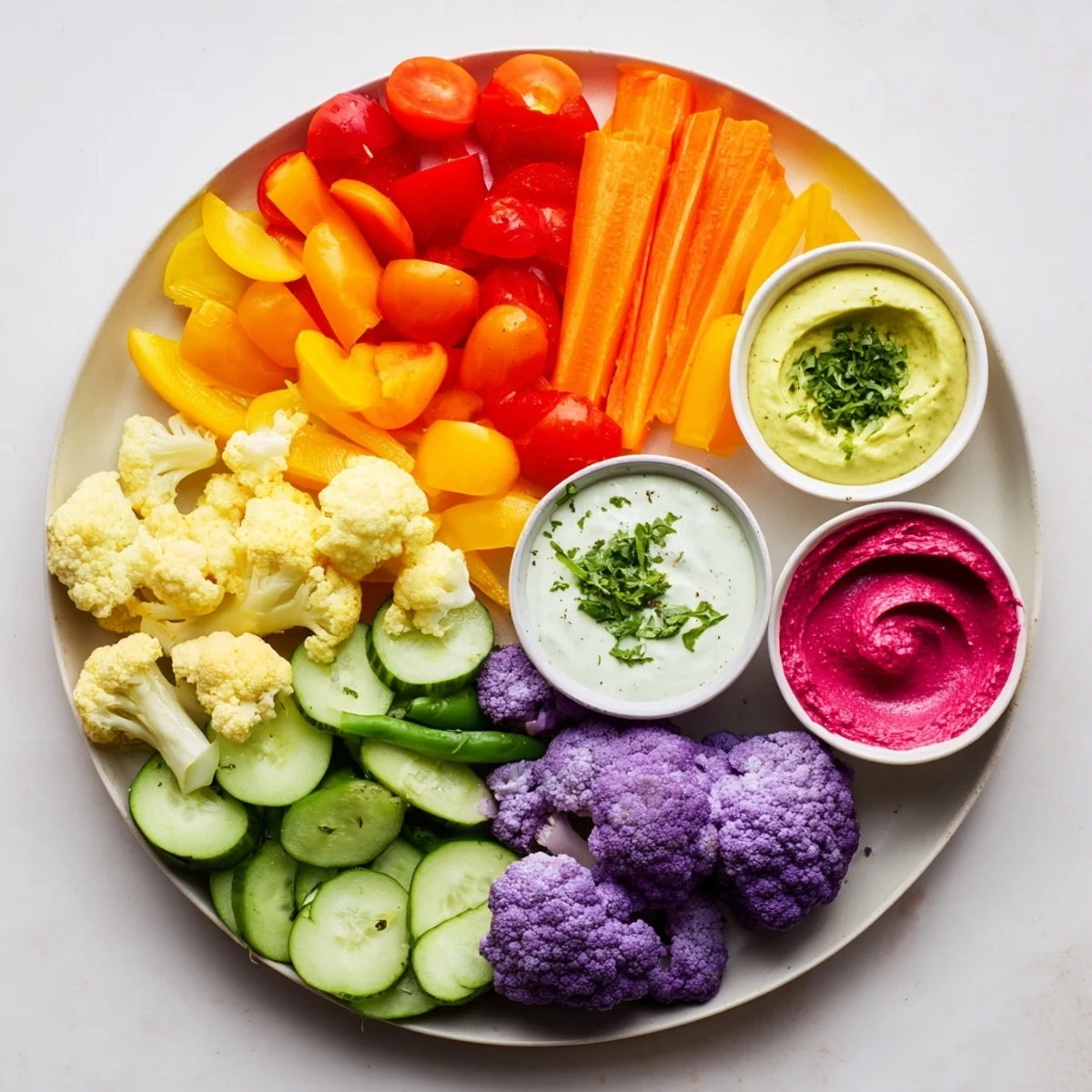 Vibrant rainbow vegetable dips platter with creamy avocado, beet hummus, and herb yogurt, so fresh!