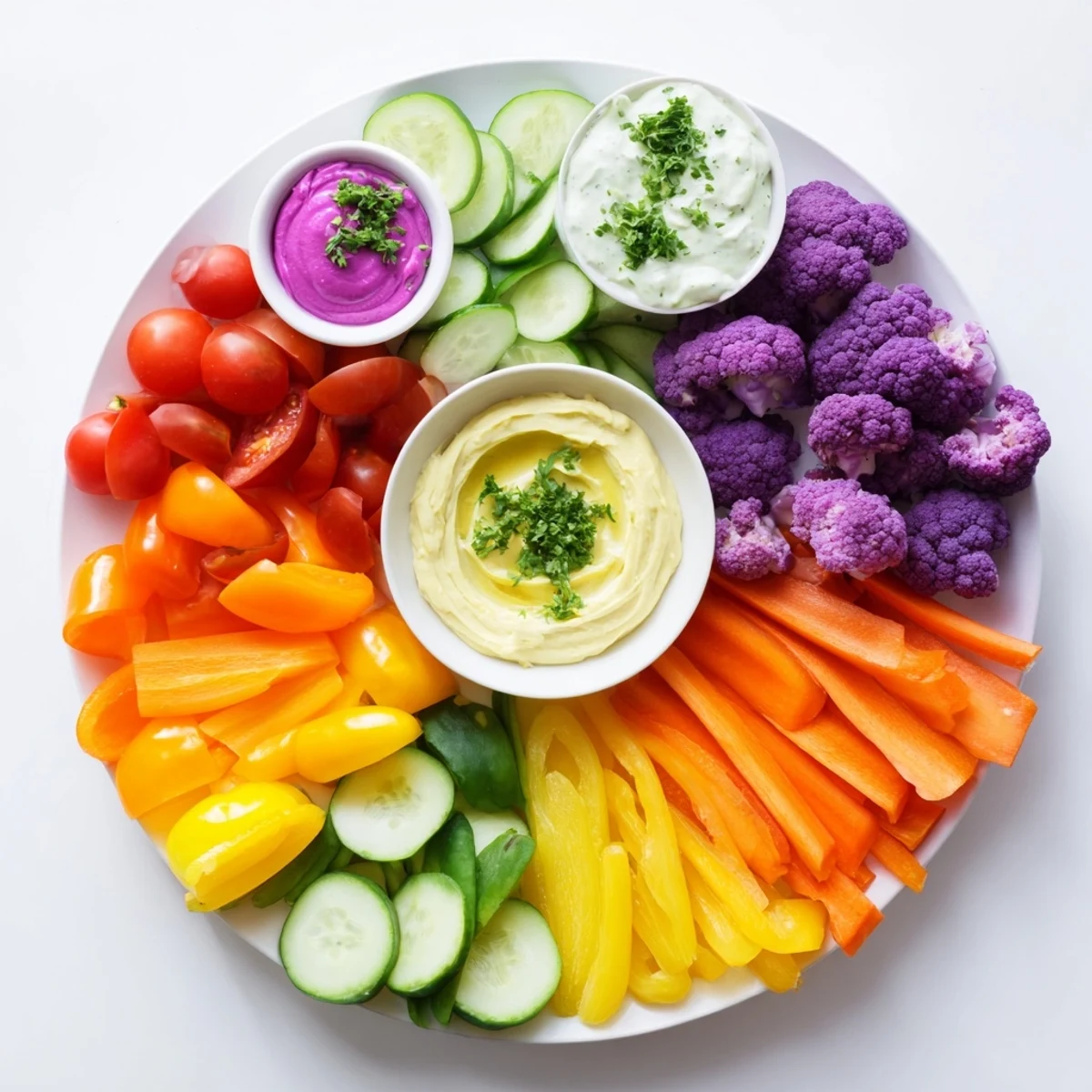 Colorful Rainbow Vegetable Dips array featuring crunchy veggies and three homemade, delicious dip flavors.