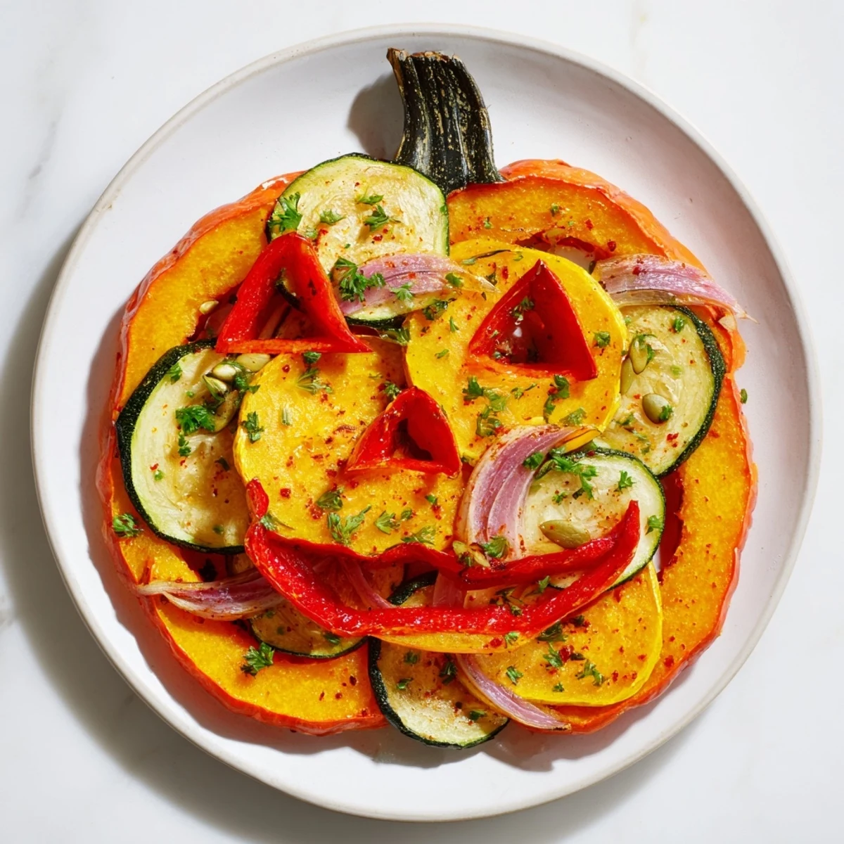 Vivid close-up of a warm, roasted Pumpkin Lantern Halloween Plate arranged on a platter ready to serve.