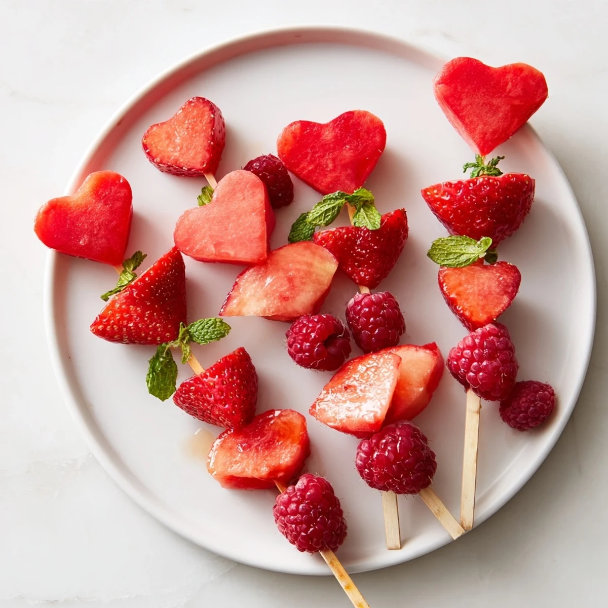 Vibrant red heart fruit skewers, a refreshing dessert featuring juicy watermelon and raspberries.