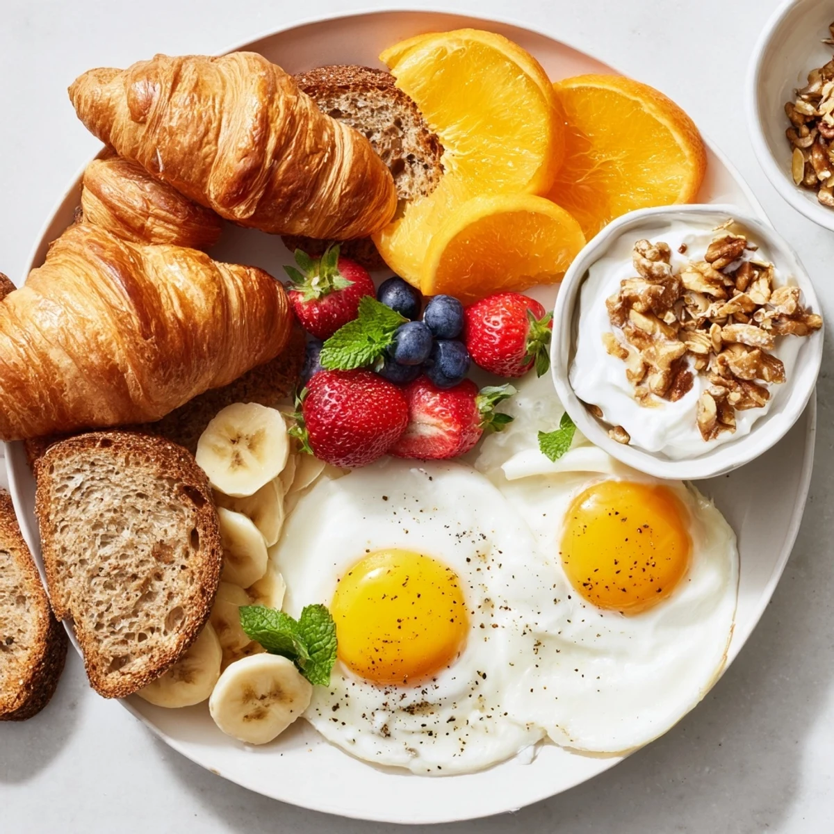 A Soleil Matinal breakfast platter showing colorful fruits, golden eggs, and buttery croissants.
