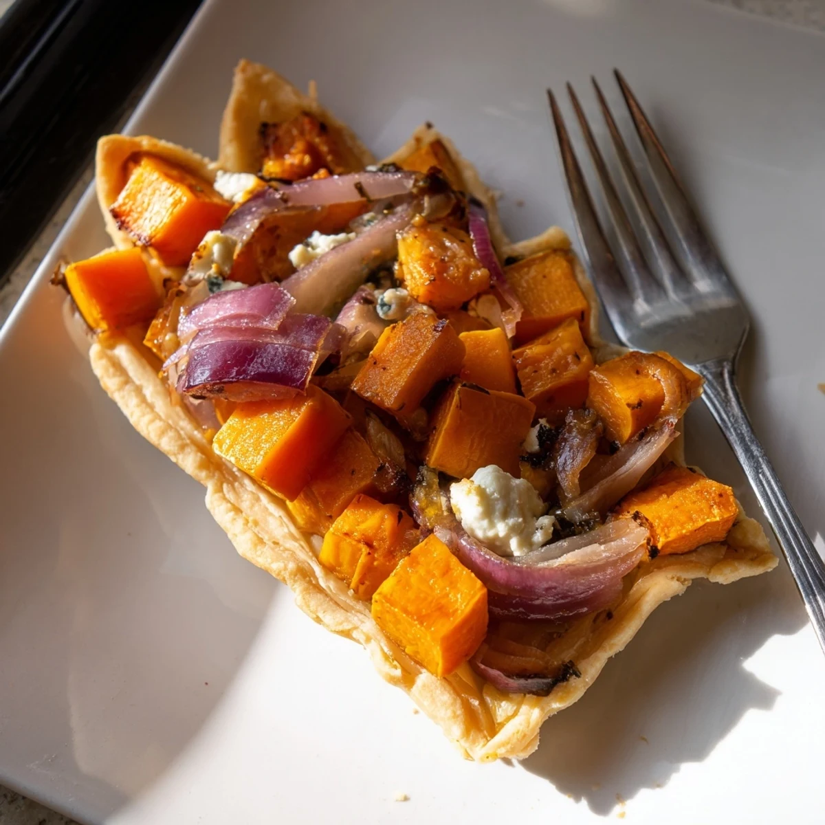 Feuilles dÉrable Tartes Salées dAutomne: a beautiful autumn tart, showcasing roasted veggies, goat cheese, and flaky pastry.
