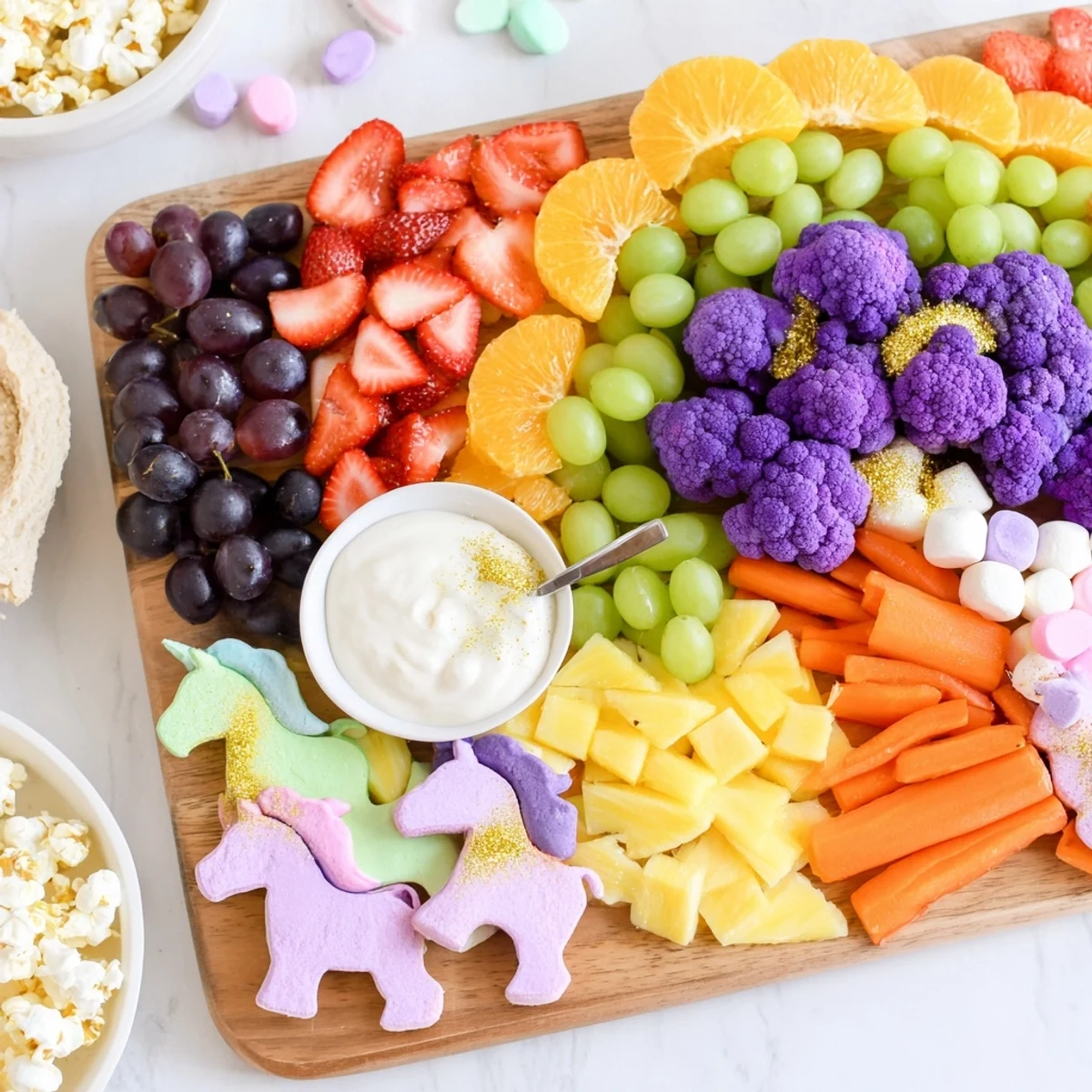 Colorful Magical Unicorn Rainbow Snack Board with fresh fruit, veggies, and creamy dips looks delicious.
