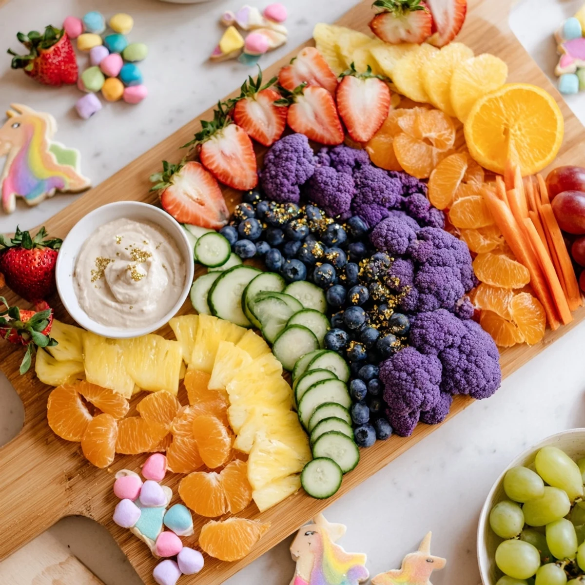 A beautifully arranged Magical Unicorn Rainbow Snack Board displays fresh, healthy snacks perfect for kids.