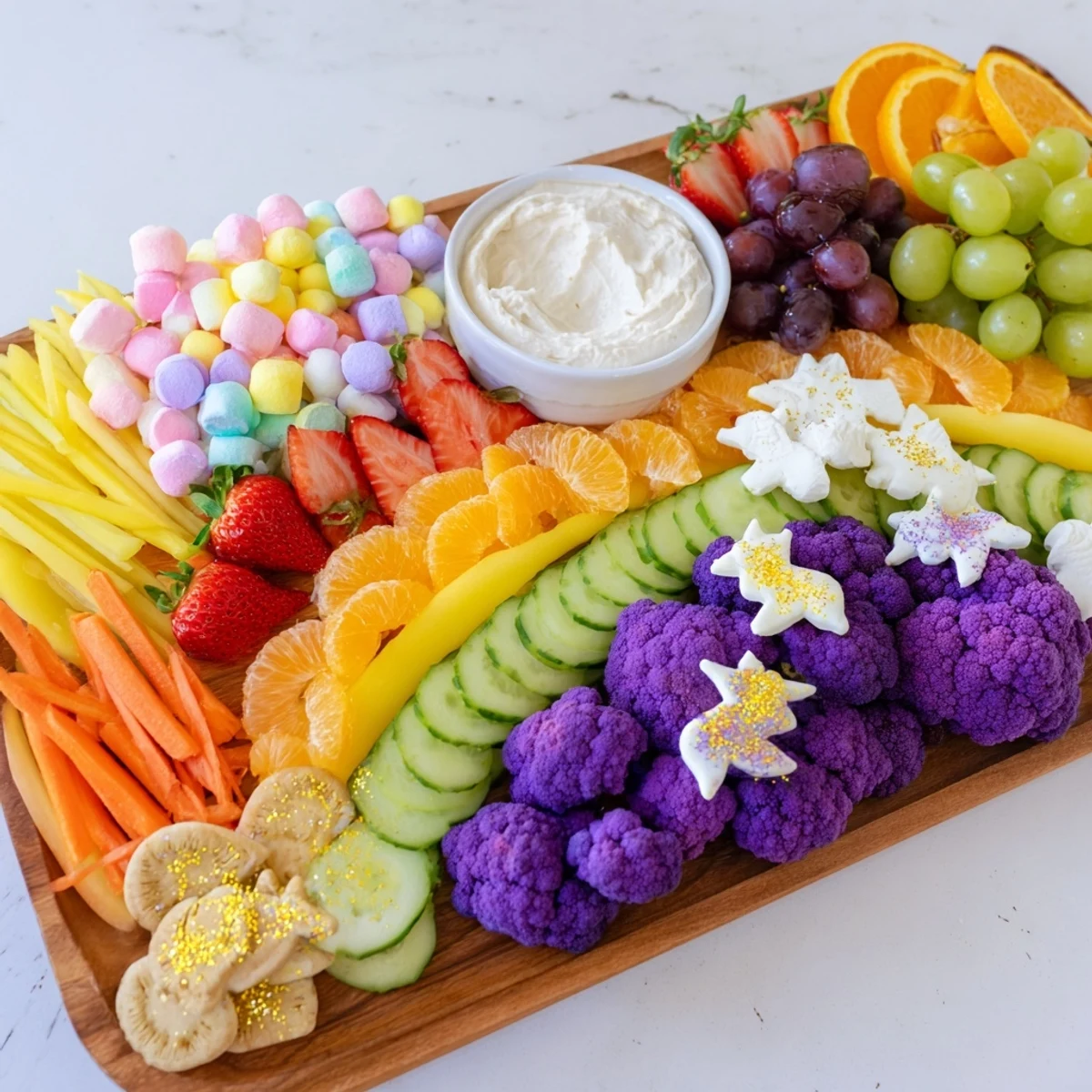 Vibrant Magical Unicorn Rainbow Snack Board: a party-ready platter brimming with colorful snacks and treats.