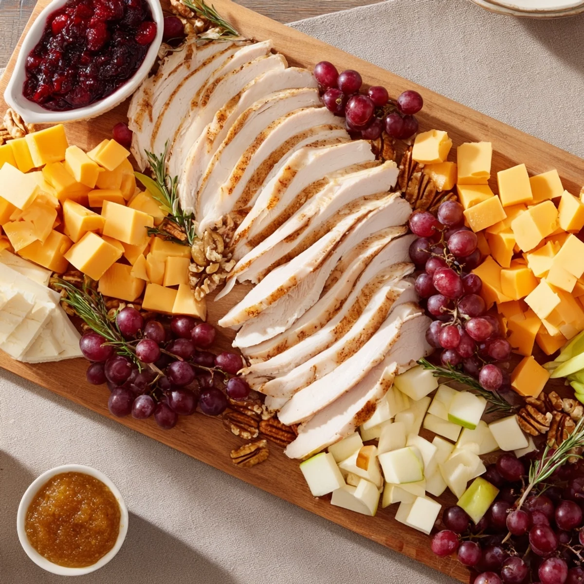 A beautifully arranged Turkey Cheese and Cracker Board, perfect for a Thanksgiving appetizer with various cheeses.