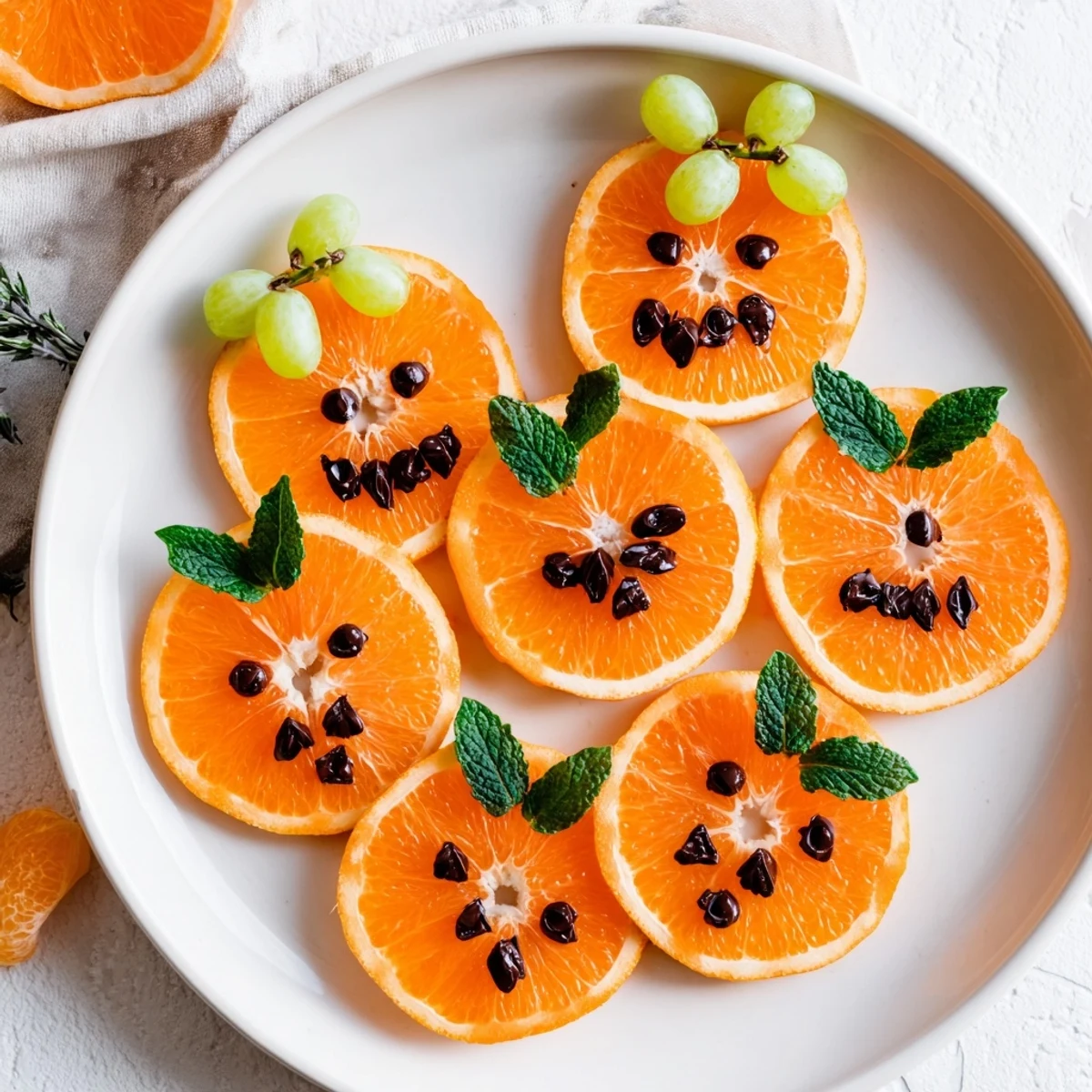 Bright orange Pumpkin Patch slices decorated with green grape stems: a fun Halloween snack.