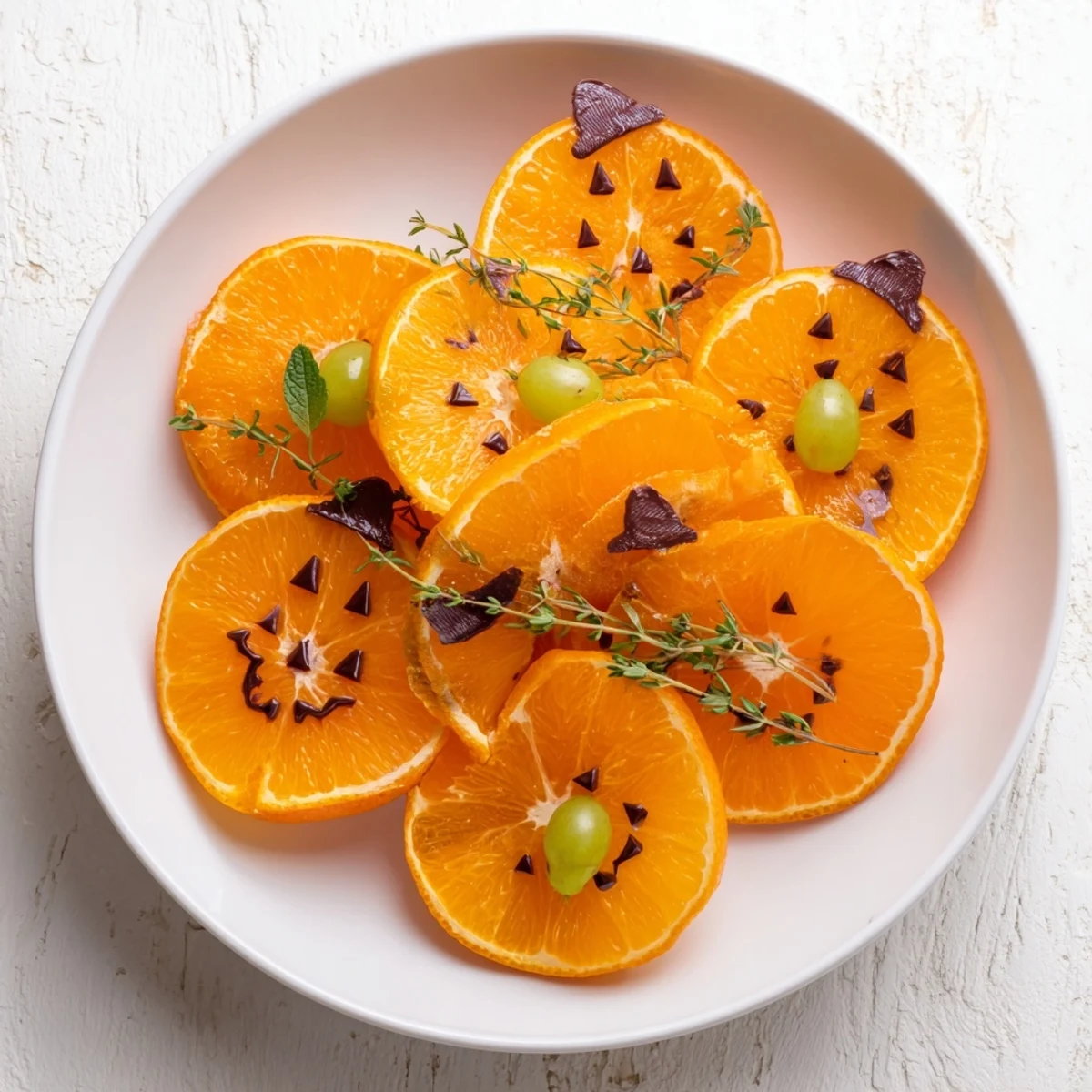 Close-up of festive Pumpkin Patch orange slices, creatively made with green grapes and mint.
