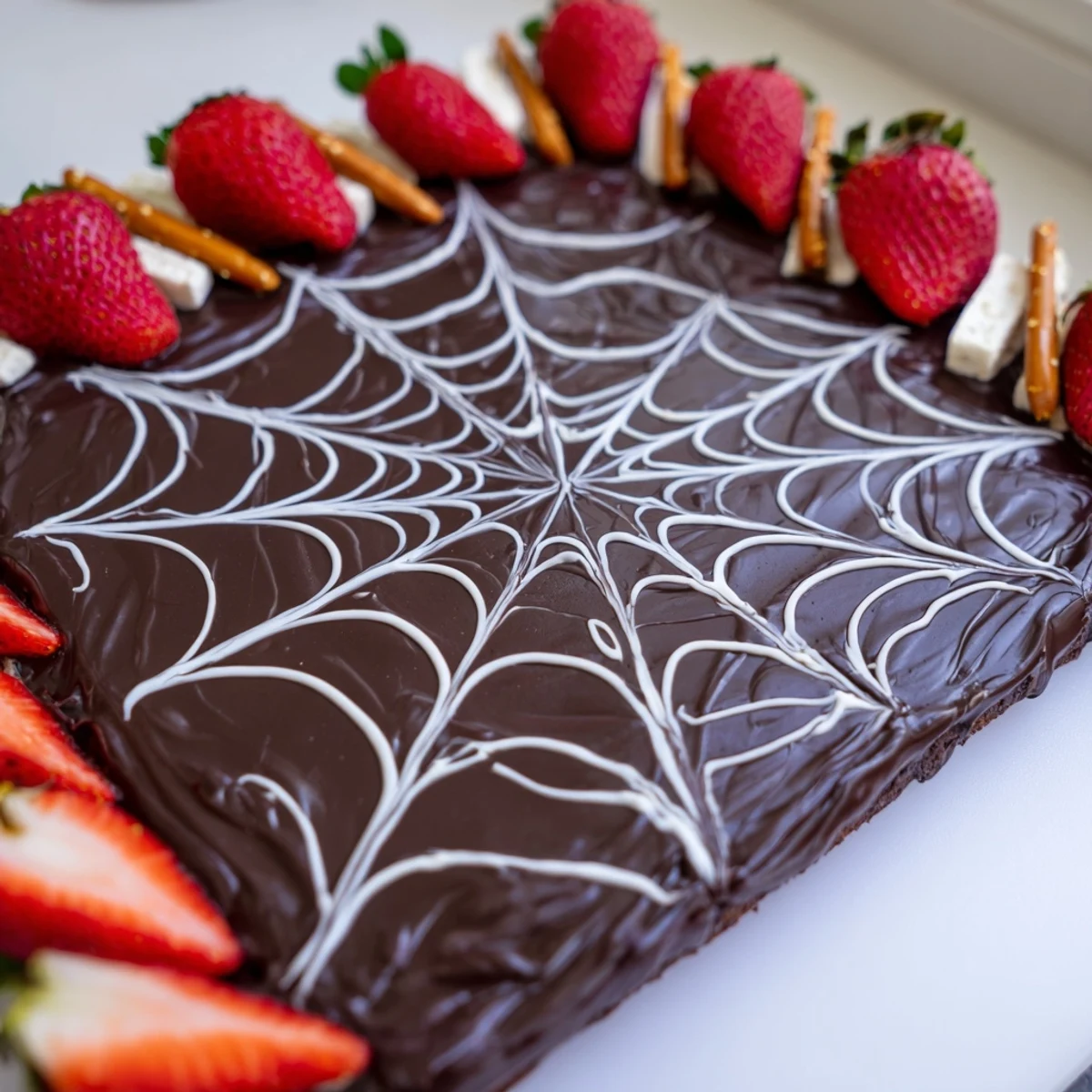 A creamy, dark Spiderweb Chocolate Ganache Board with a white chocolate spider design awaits serving.