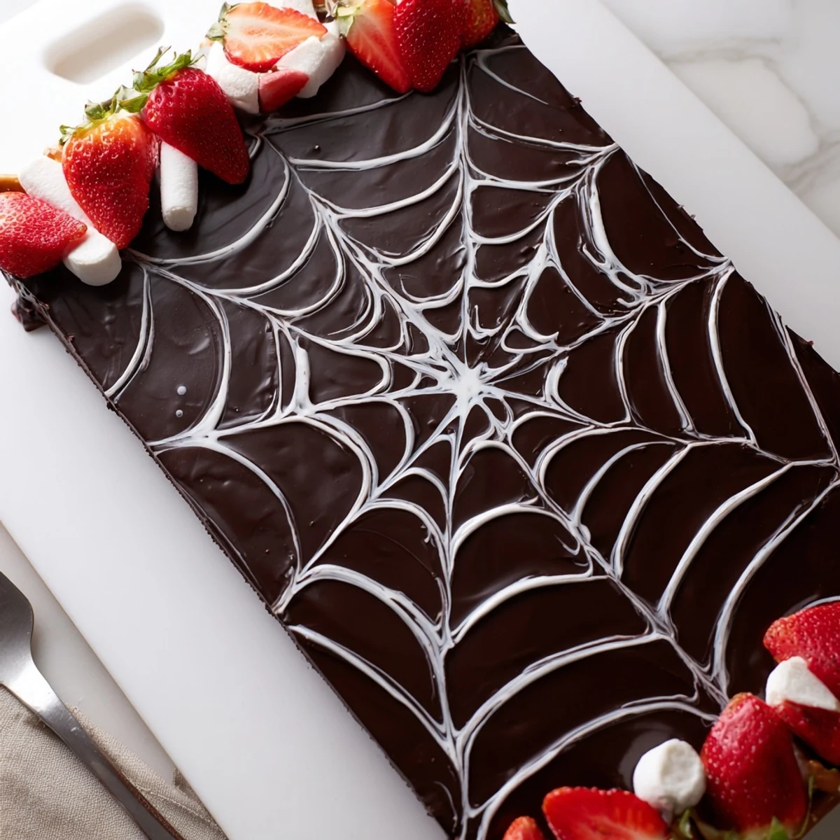 Spiderweb Chocolate Ganache Board glistens with dark chocolate, ready for dipping treats.