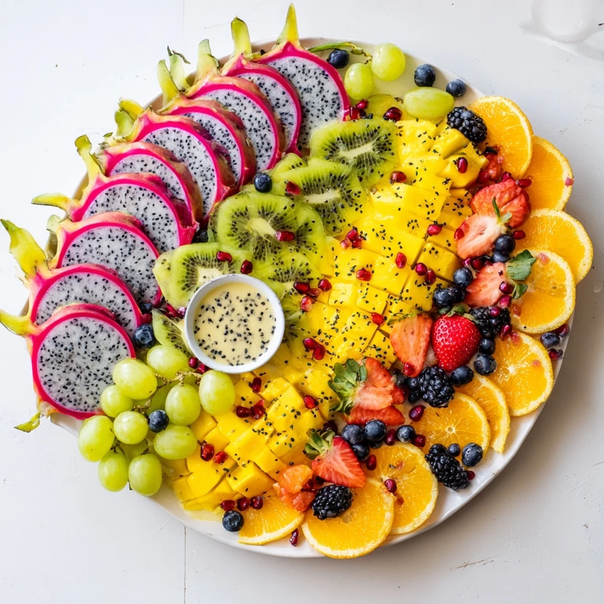 Vibrant Dragon Scales Fruit and Dip Board with colorful fruit scales, yogurt, and chocolate dips.