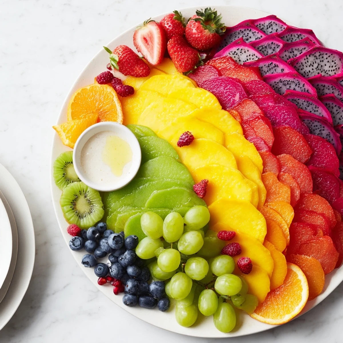 Beautiful Dragon Scales Fruit and Dip Board ready to serve, a healthy and visually appealing snack platter.