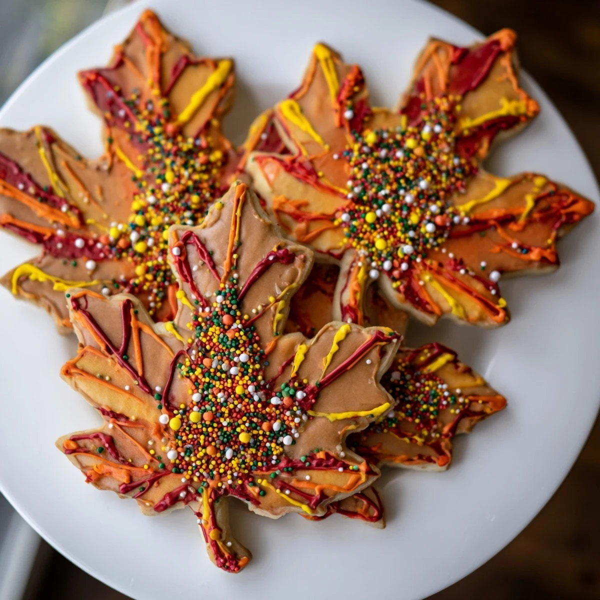 Homemade maple leaf cookies are displayed, showcasing festive autumn colors and a fun decorating kit ready to enjoy.