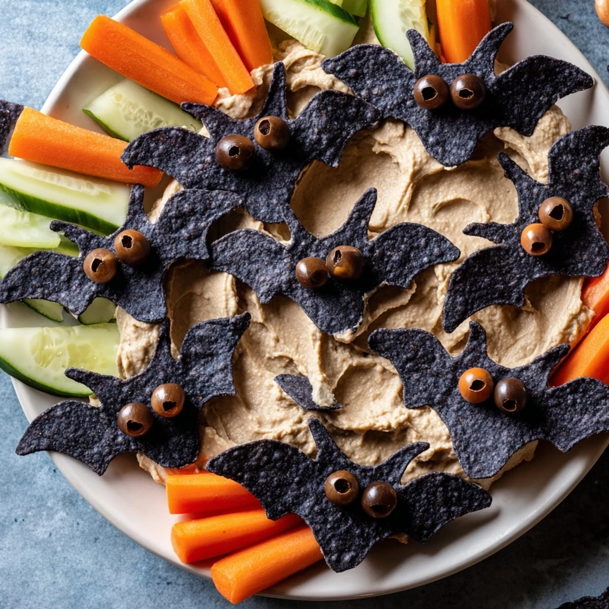 Spooky Bat Bean Dip Platter with creamy black bean bats and colorful veggie dippers.