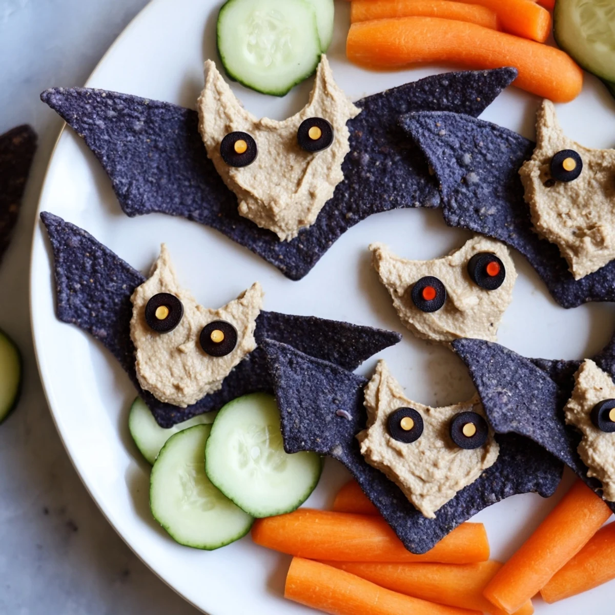 A close-up shot of the delicious Spooky Bat Bean Dip Platter, perfect for a Halloween party.