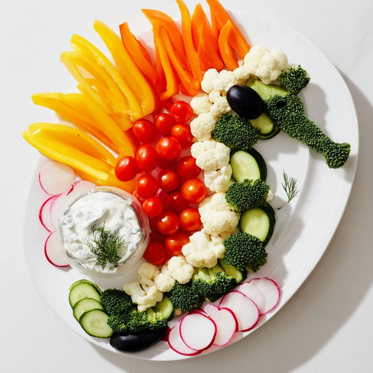 Vibrant Seahorse Veggie Dip Platter featuring fresh, colorful vegetables and creamy, chilled dip.