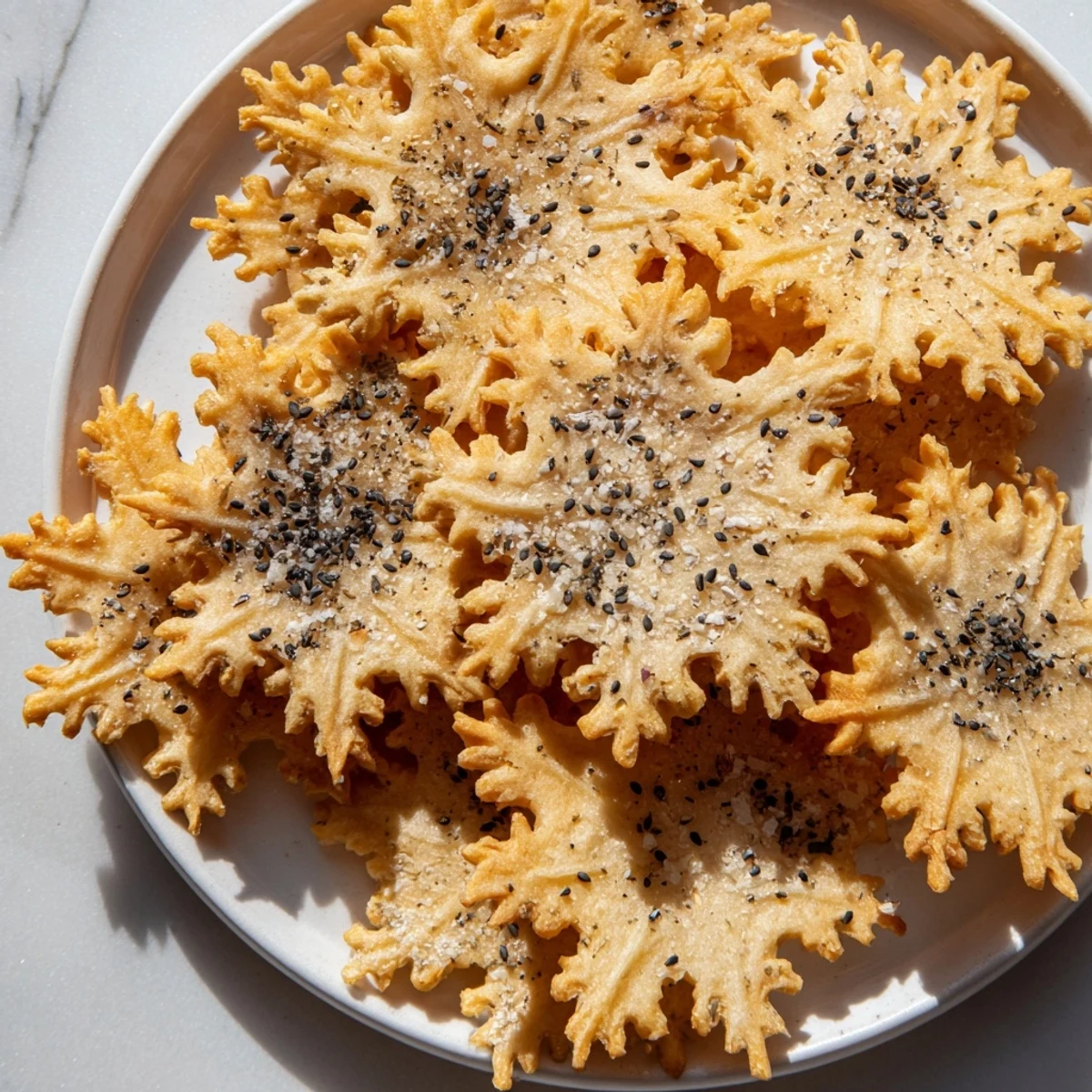 Golden, flaky gourmet crackers in snowflake shapes, fresh from the oven, ready to serve on a board.