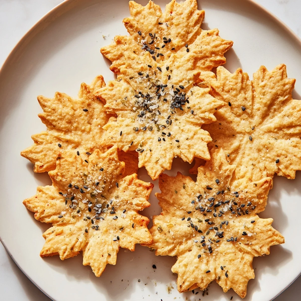 Crispy gourmet crackers, snowflake cutouts topped with sea salt, offering a delicious, savory appetizer.
