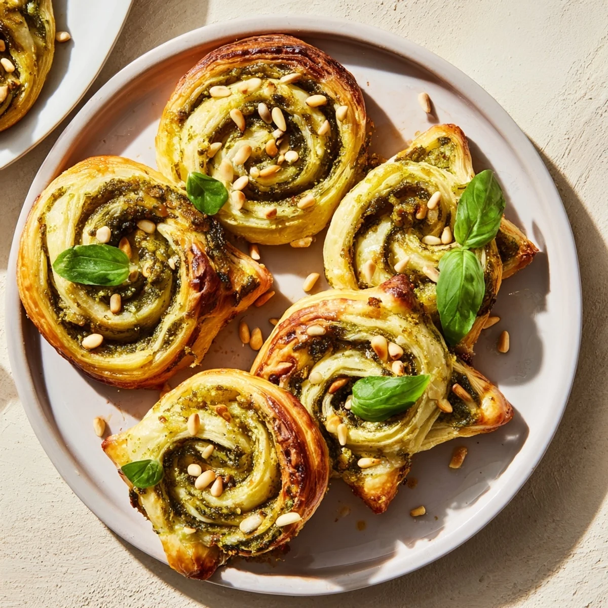 Golden, star-shaped pesto pinwheels, ready to serve, offer savory basil aroma and cheesy goodness.