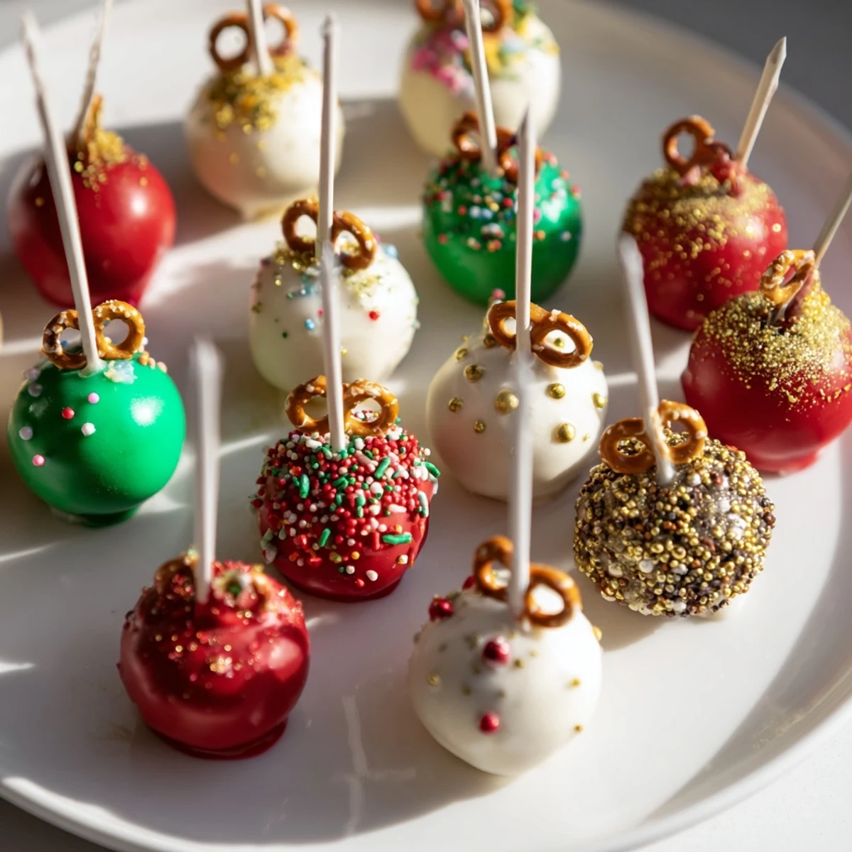 Festive ornament ball cake pops with colorful sprinkles are perfect holiday desserts.