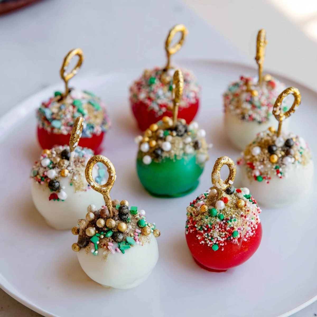Close-up of delicious ornament ball cake pops, decorated with edible glitter and pretzel "hooks."