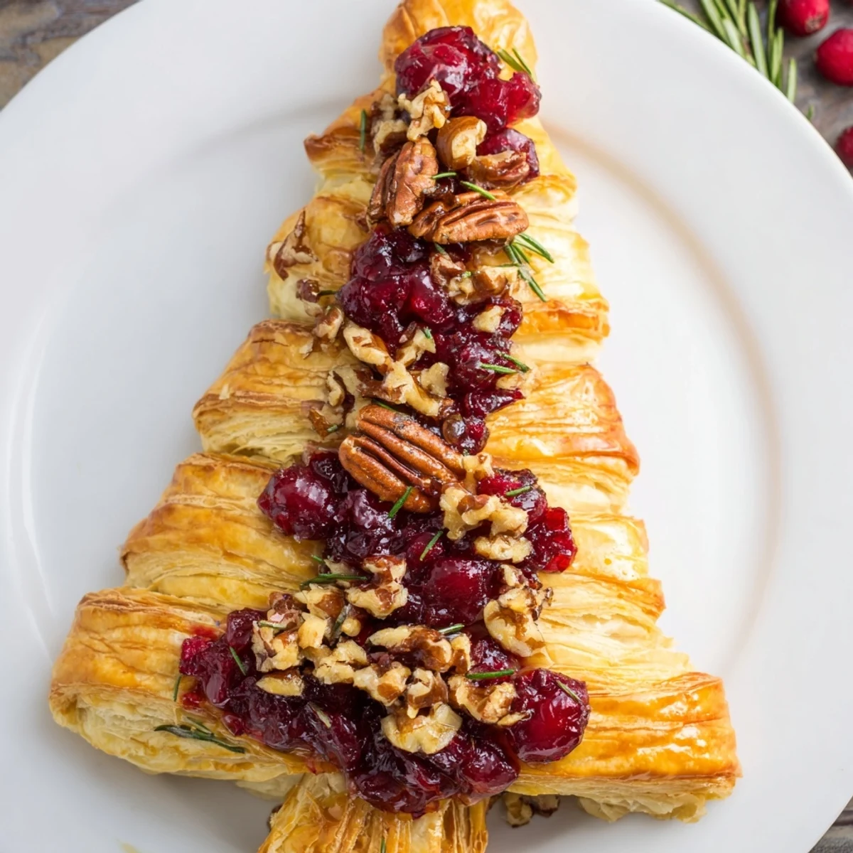 Festive holiday appetizer, a warm Brie en Croûte Pine Tree, ready to be served with crackers and wine.