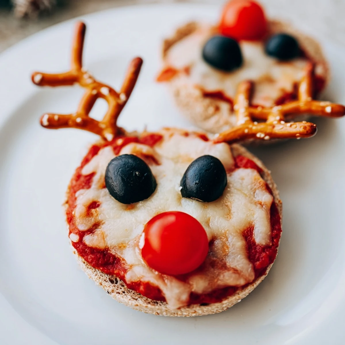 Warm, cheesy Reindeer Face Pizza Bagels with pretzel antlers ready for a holiday snack.