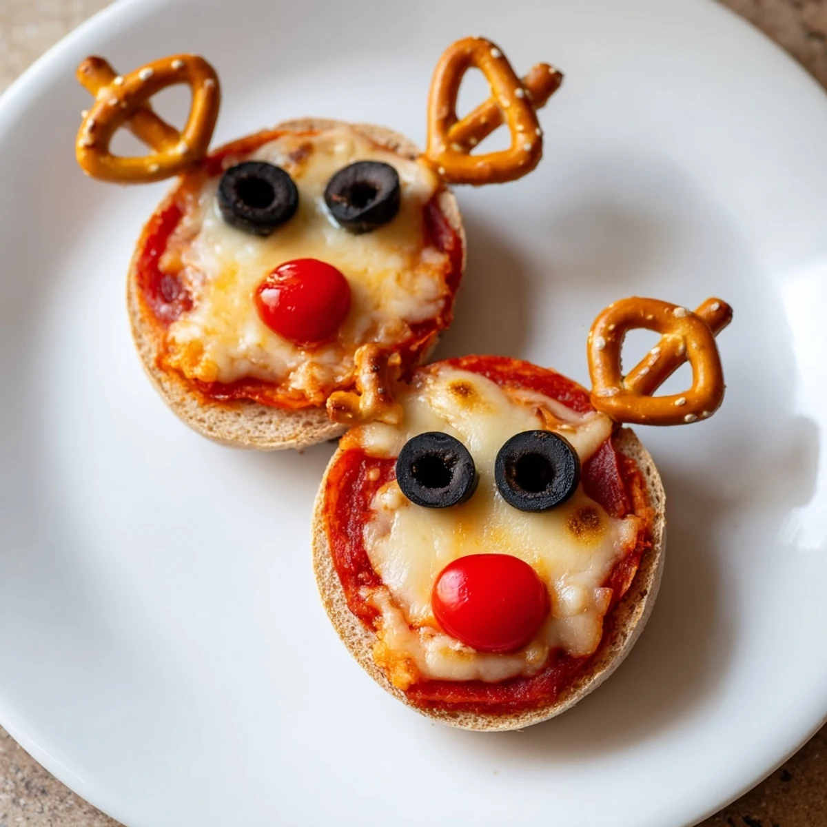 Deliciously melted mozzarella tops these festive Reindeer Face Pizza Bagels, baked and ready to eat.