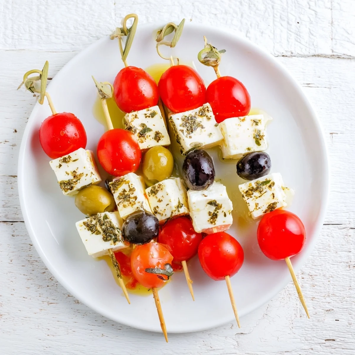 Holiday Cheers Olive and Feta Skewers arranged on a platter, ready to be enjoyed with olives and tangy feta cheese.