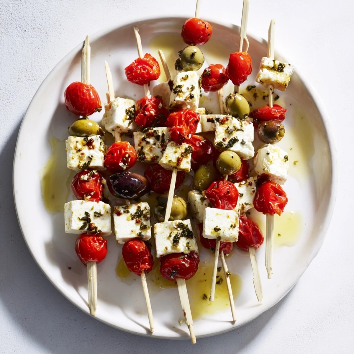 Freshly assembled Holiday Cheers Olive and Feta Skewers, showing bright red cherry tomatoes and green olives, perfect appetizers.
