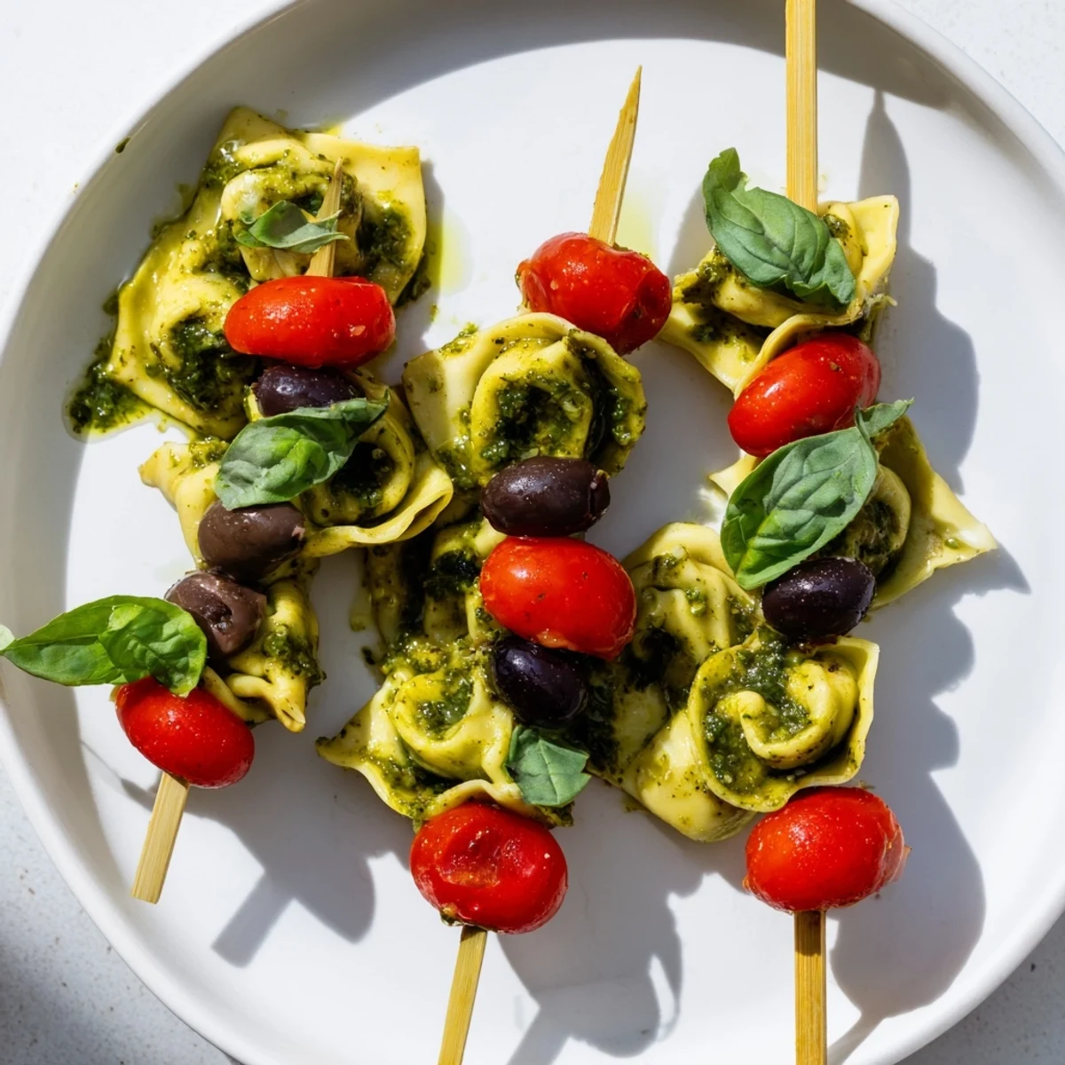 Perfectly assembled Appetizer Skewers, each with tortellini, olives, and pesto, offer a fresh Italian bite.