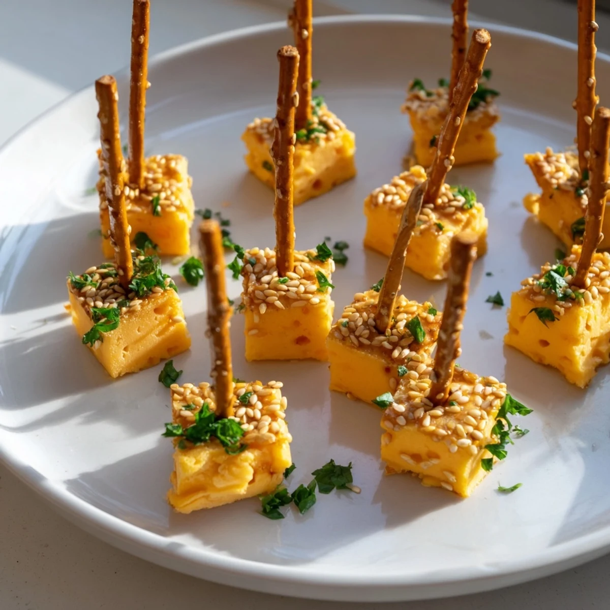 Sharp cheddar cheese cubes on pretzel sticks form festive NYE Cheese Sparklers, ready to enjoy.