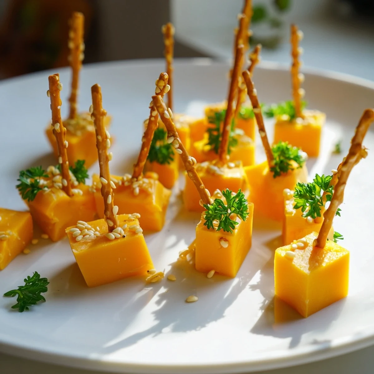 Crispy pretzel stick "sparklers" hold savory cheddar cubes, perfect for this simple NYE Cheese appetizer.