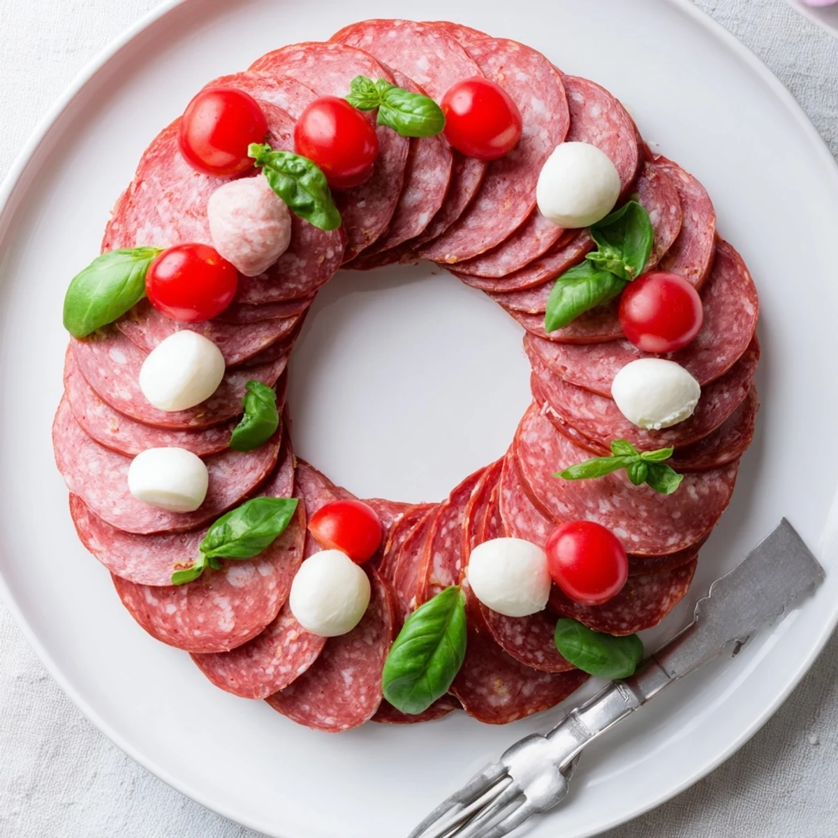 Folded salami wreath arranged with vibrant mozzarella and tomatoes, ready to serve guests.