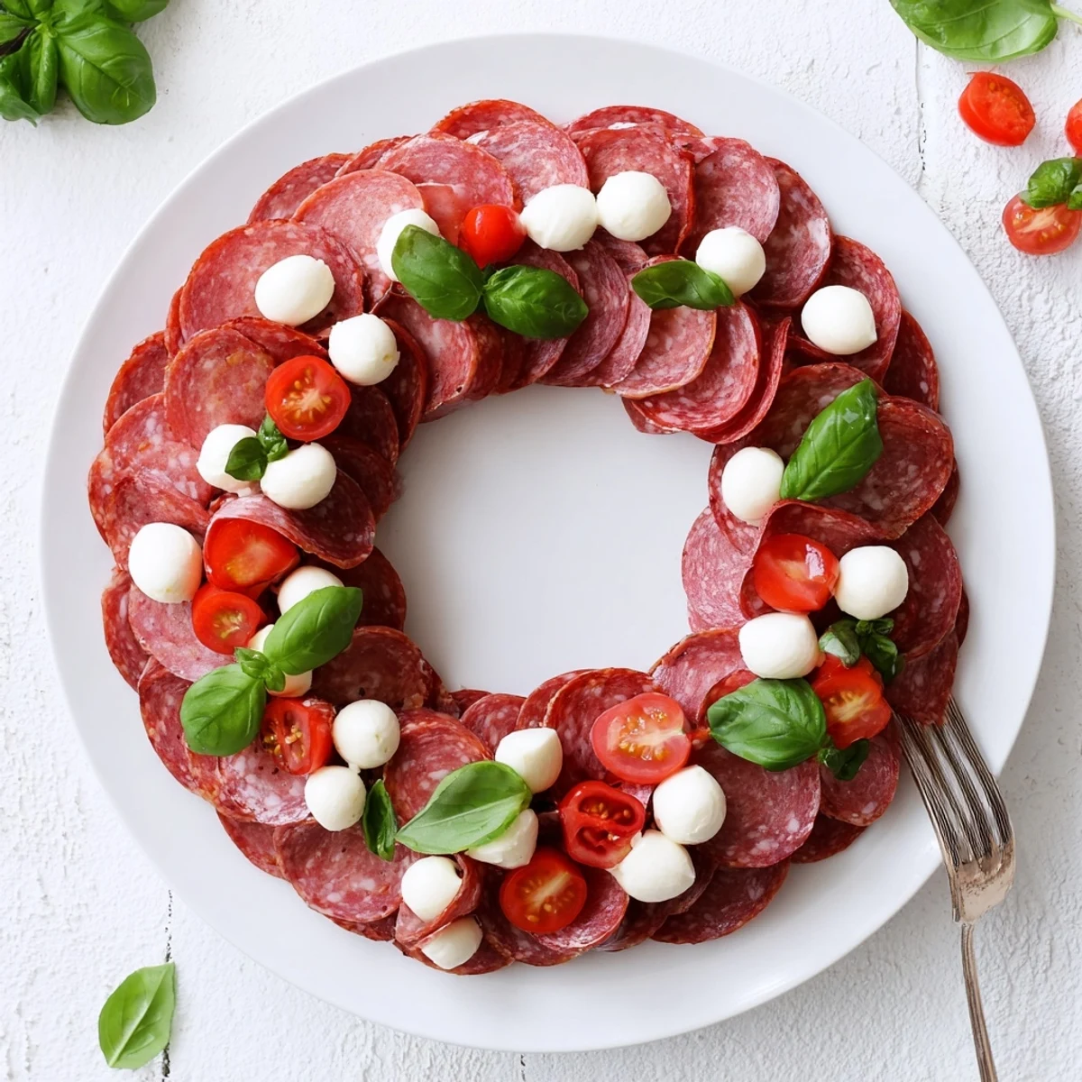 Artfully folded salami wreath appetizer with fresh basil, perfect for a gluten-free charcuterie board.