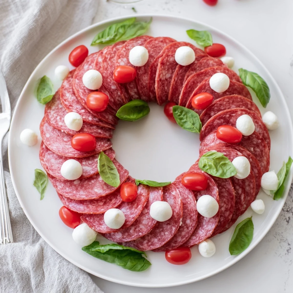 A close-up view of the savory folded salami wreath, a quick and delicious party starter.