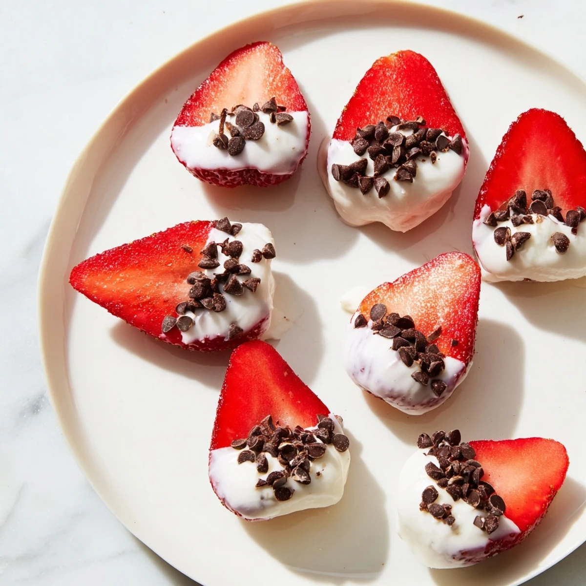 Creamy yogurt-dipped strawberry half-circles with refreshing, vibrant red berries and white yogurt coating.