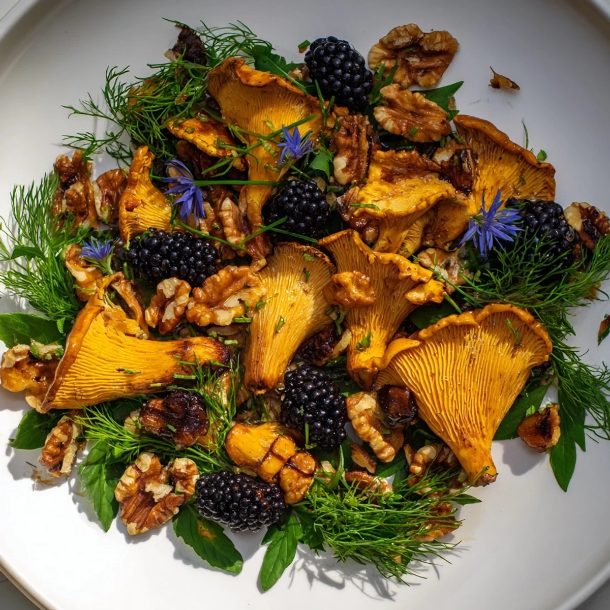 Vibrant Northwest Forest Forager salad: earthy roasted mushrooms, berries, and nuts on a bed of fresh herbs.
