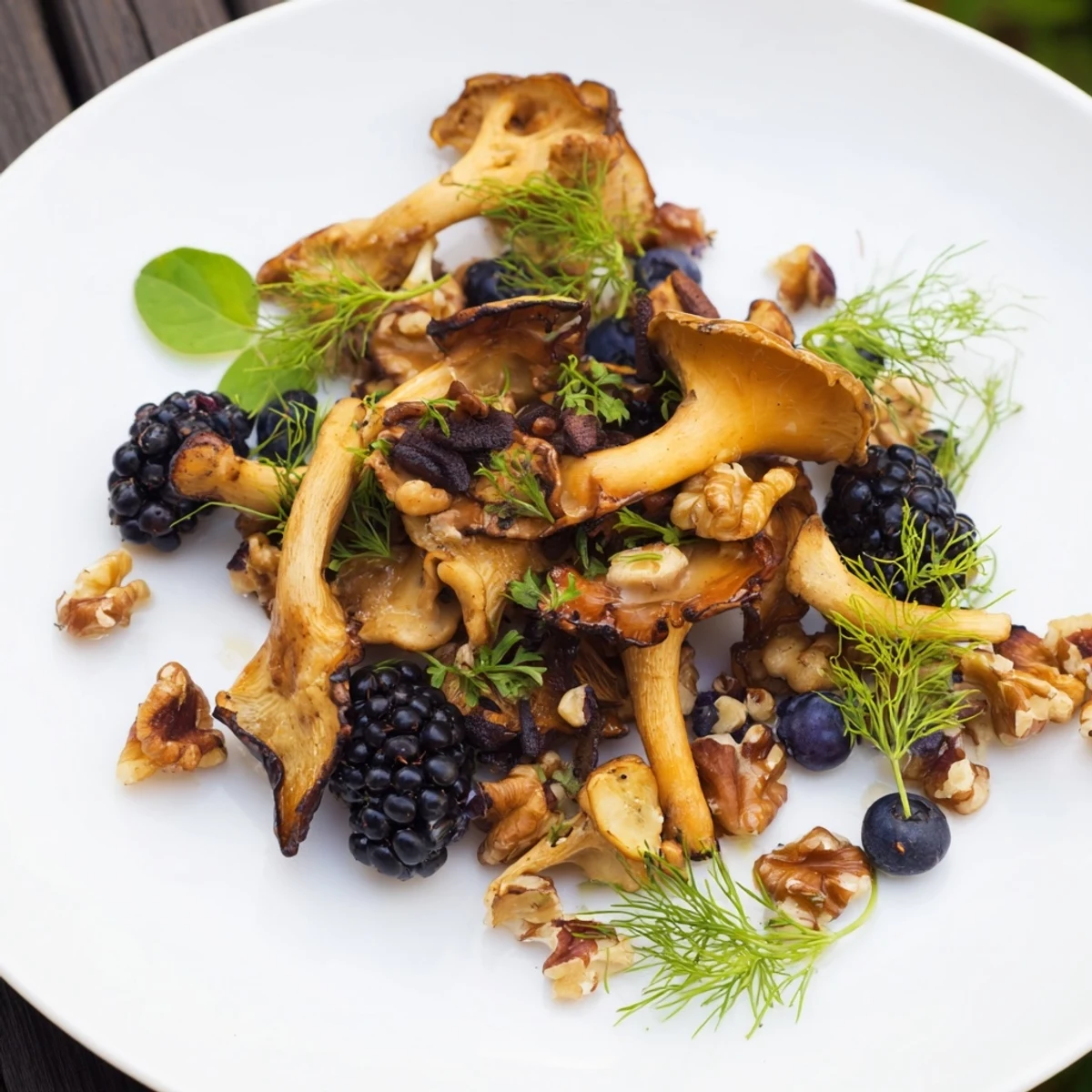 The delicious Northwest Forest Forager salad features dark berries clustered among golden, roasted wild mushrooms.