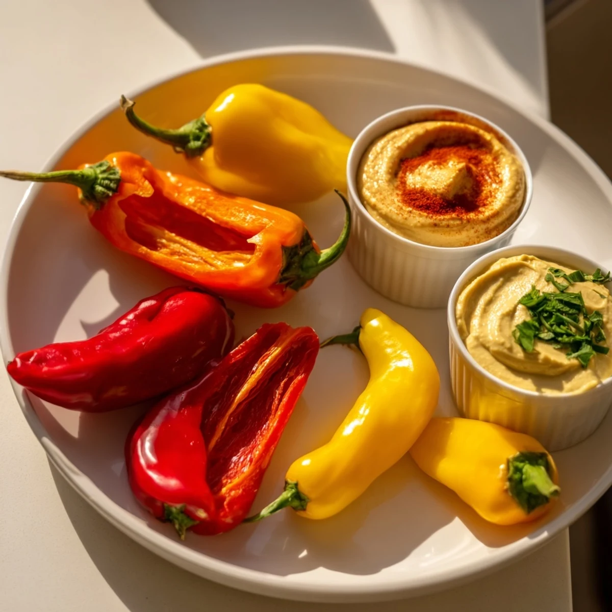 Spicy Chili Pepper Fiesta features an array of colorful peppers, ideal for dipping into flavorful sauces.