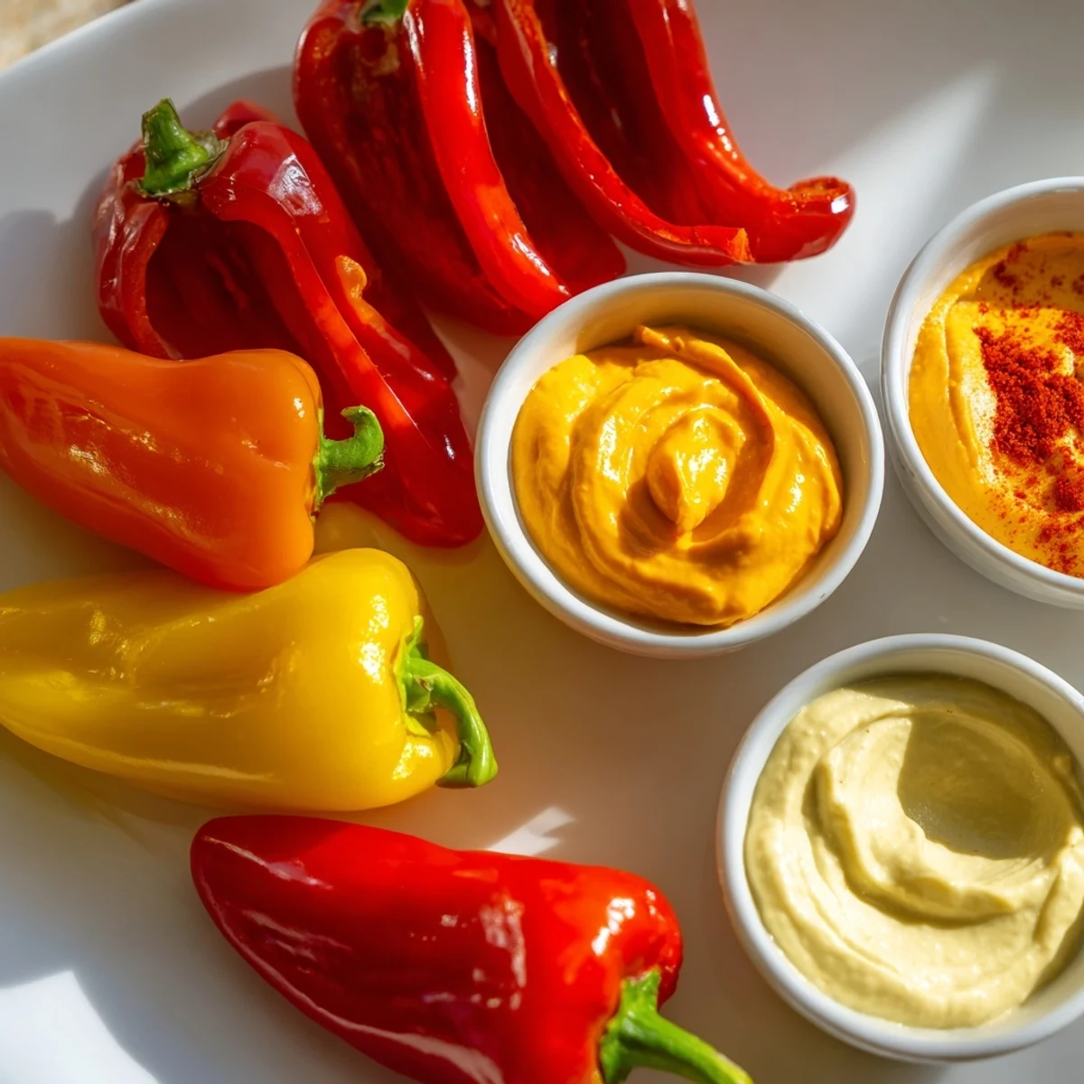 The enticing Spicy Chili Pepper Fiesta appetizer is a feast for the eyes, filled with fresh peppers and dips.