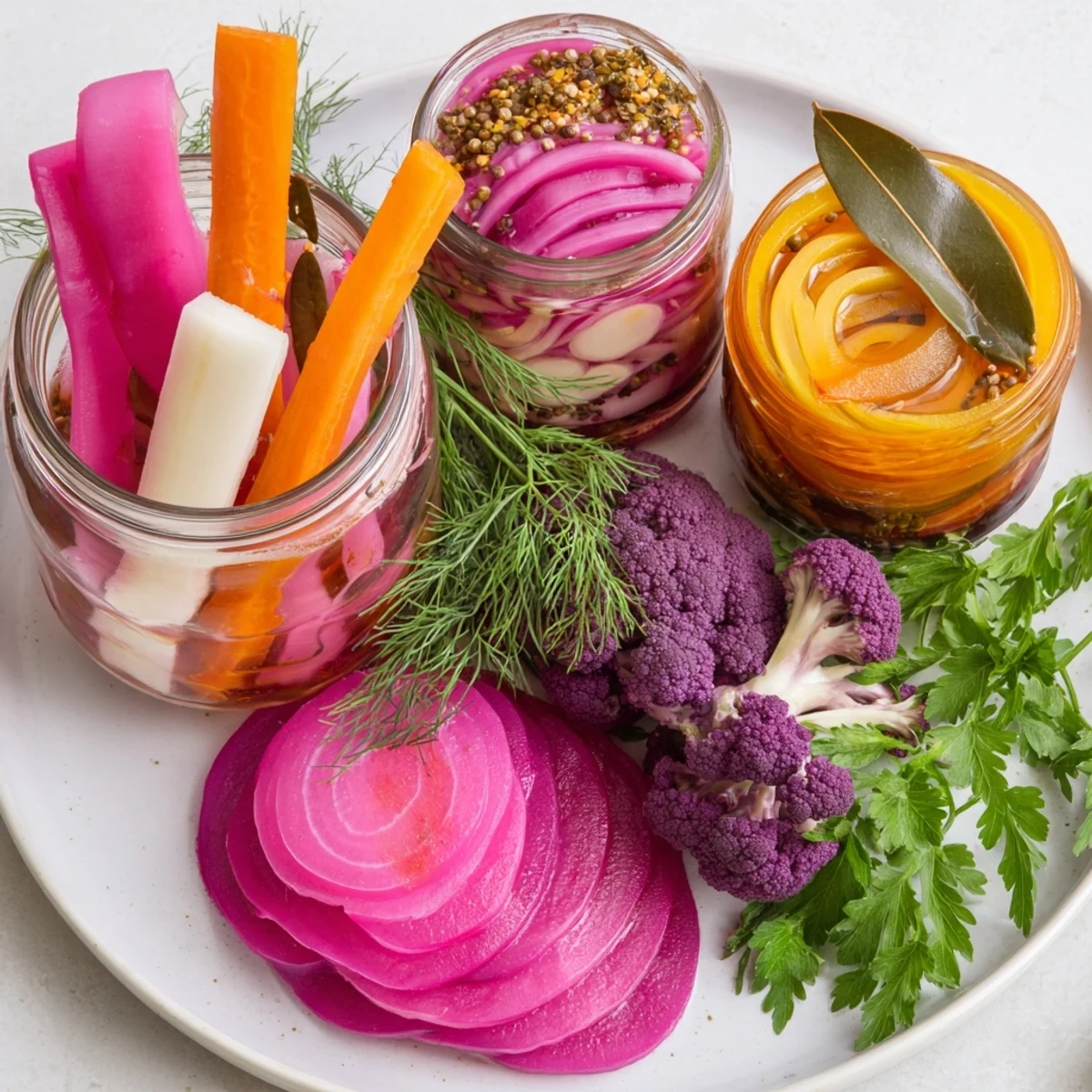 Artfully arranged pickled and fermented vegetables create a beautiful, colorful Pickled & Fermented Feast platter.