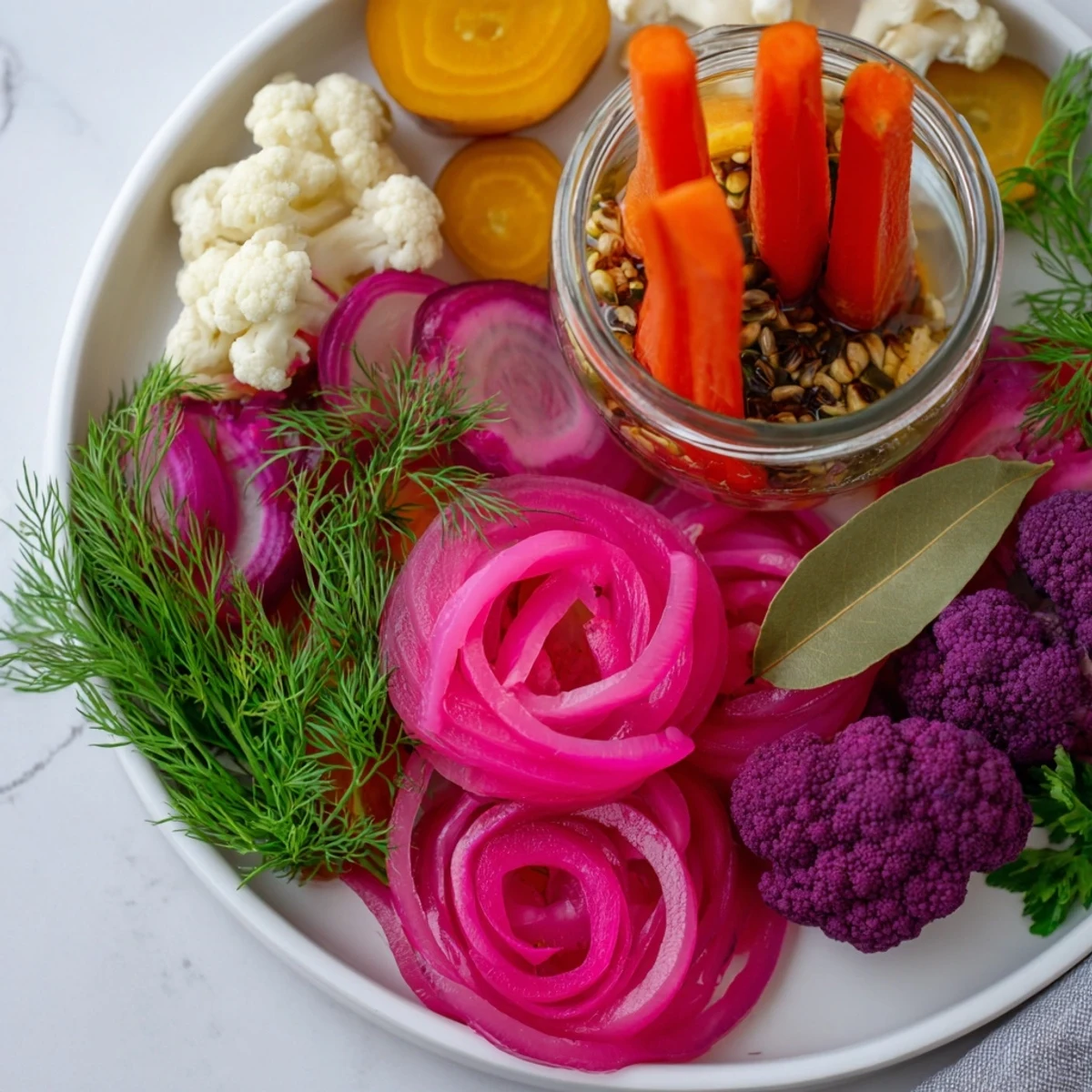 Crisp, tangy pickled vegetables comprise this fresh and healthy Pickled & Fermented Feast, perfect as an appetizer.