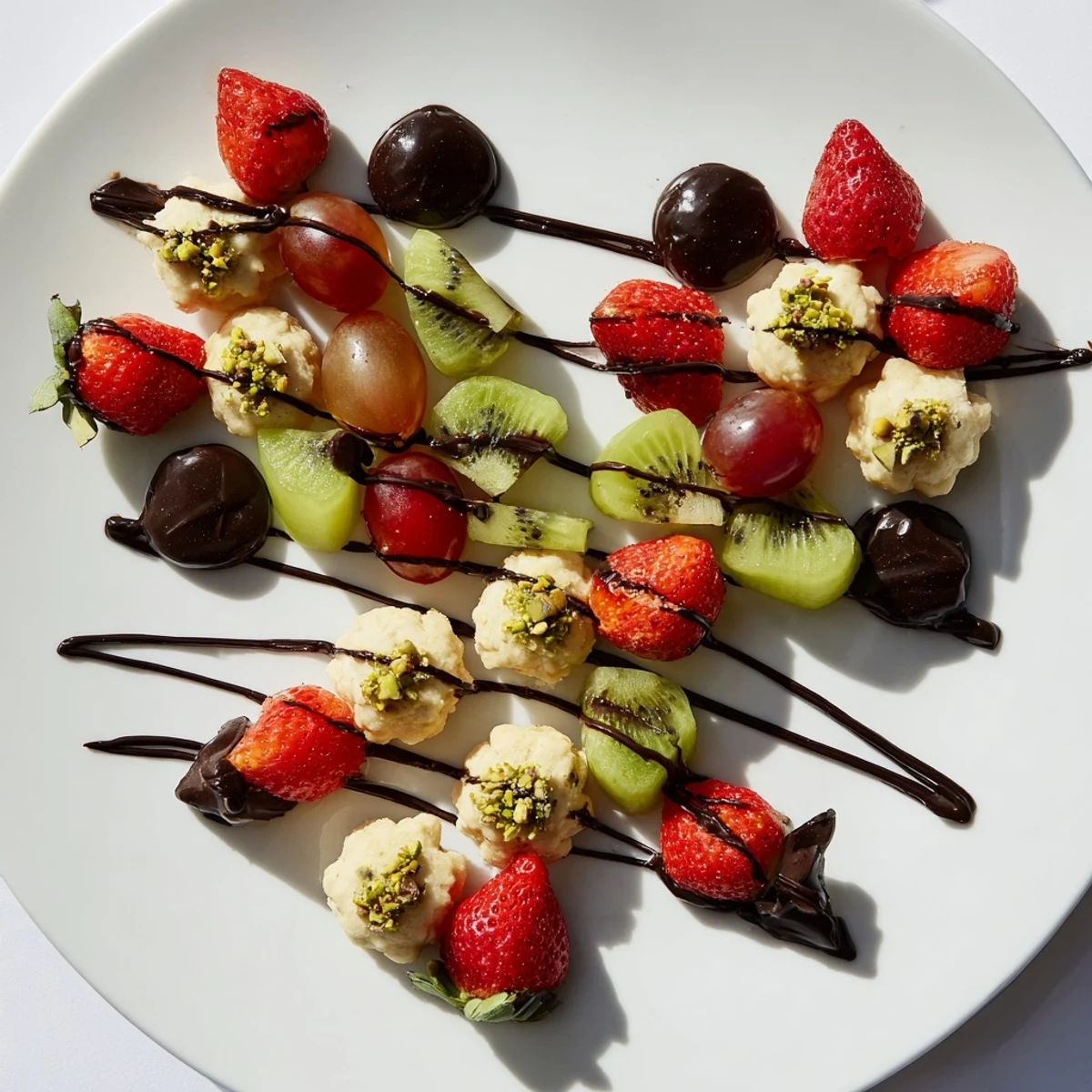 An artful arrangement of The Sweet Dessert Decadence showcases colorful fresh fruit, pastries, and drizzles.