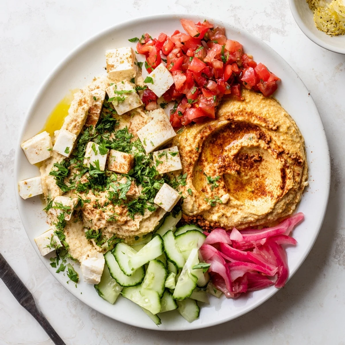 Vibrant Mediterranean Mezza Platter with hummus, baba ganoush, and colorful fresh vegetables, a feast!