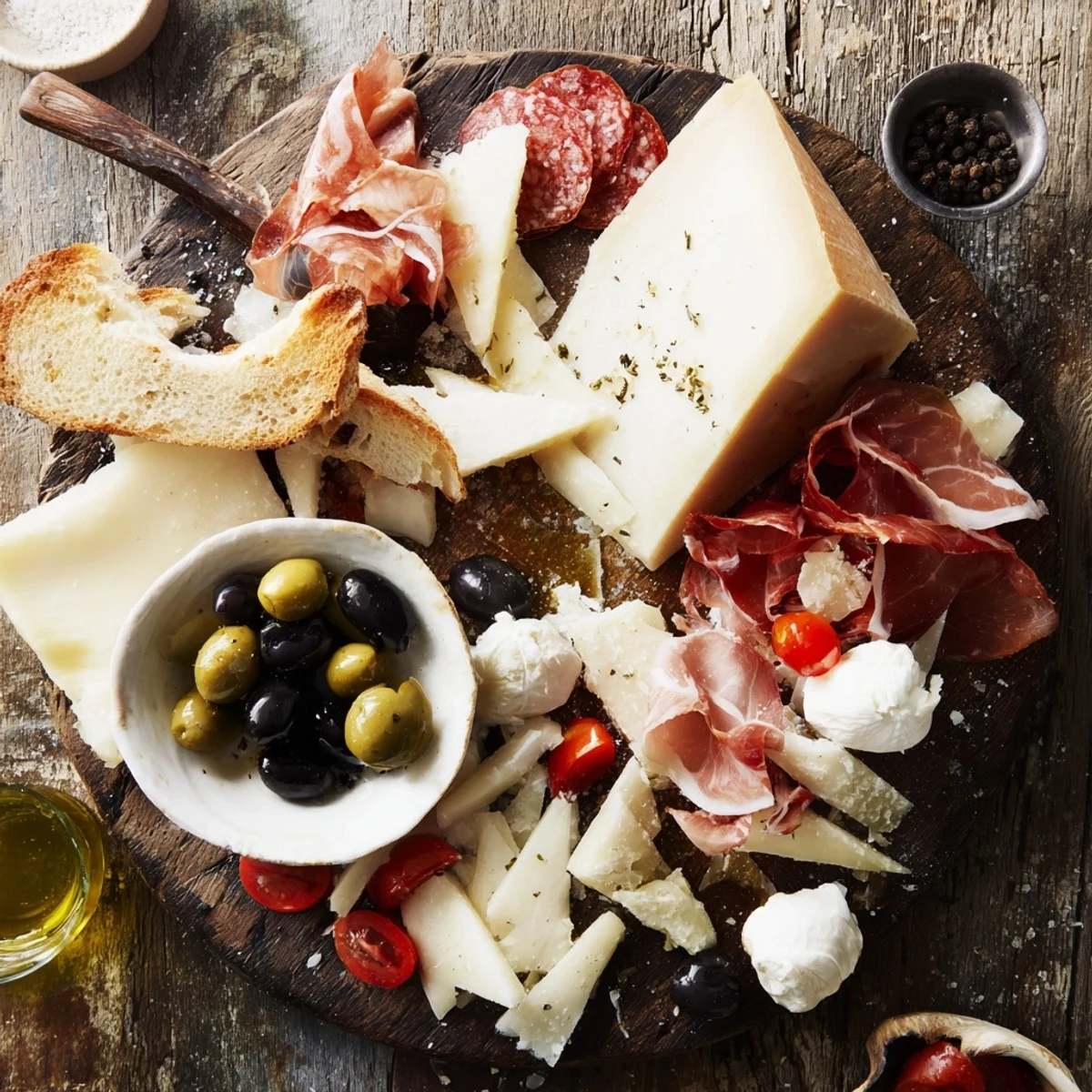 A lavish Rustic Italian Farmhouse Board with rustic cheeses and cured meats offers an abundance.