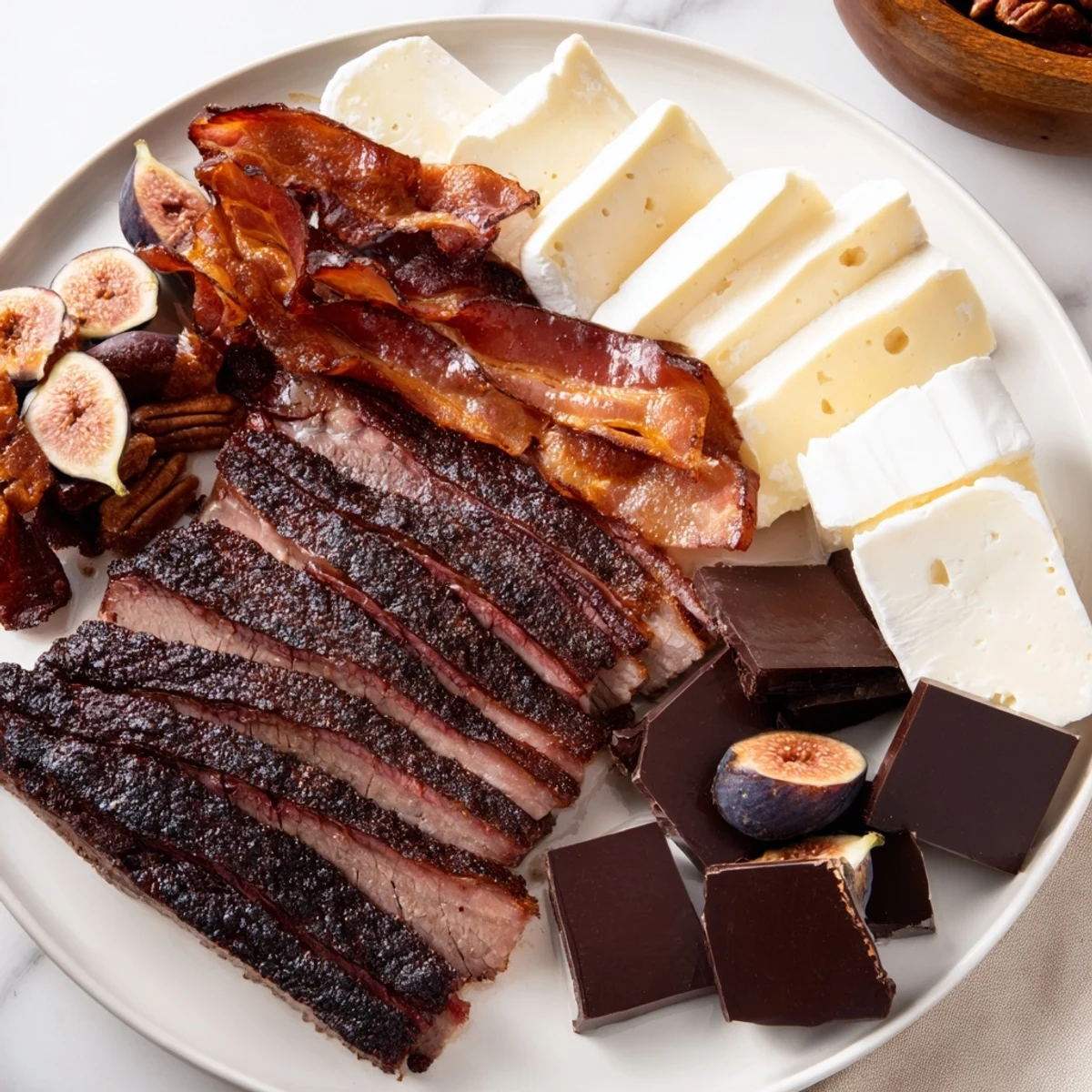 A visually stunning charcuterie board of Smoky BBQ & Bourbon Companion meats, cheeses, and dark chocolate.
