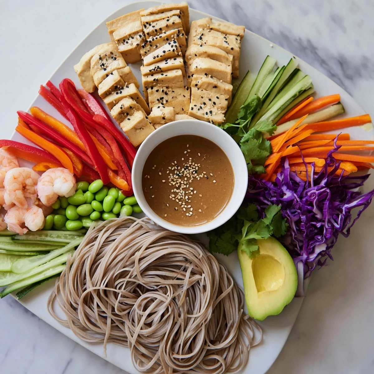A visually appealing Asian fusion noodle bowl overflowing with colorful fresh vegetables.
