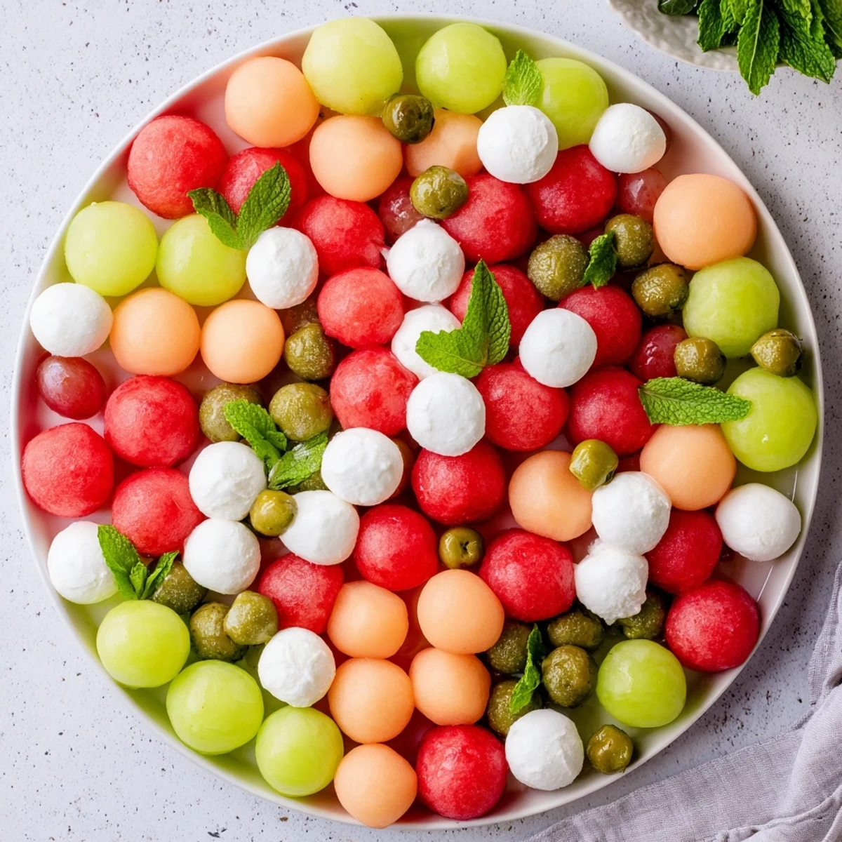 A vibrant Polka Dot Platter appetizer with colorful fruit and cheese spheres, ready to serve.